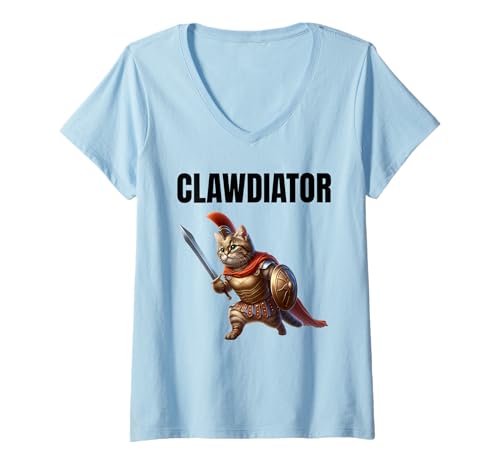 Damen Clawdiator Gladiator Katze T-Shirt mit V-Ausschnitt von Clawdiator Desgins