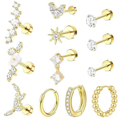 12 Stück Ohrringe Set, Helix Piercings Gold, Damen Forward Helix Piercing Einfach und Schön Geeignet für Ohrnagelboote, Ohrringe Tragus Piercing Gold und Ohrzubehör (Golden) von ClcIosis