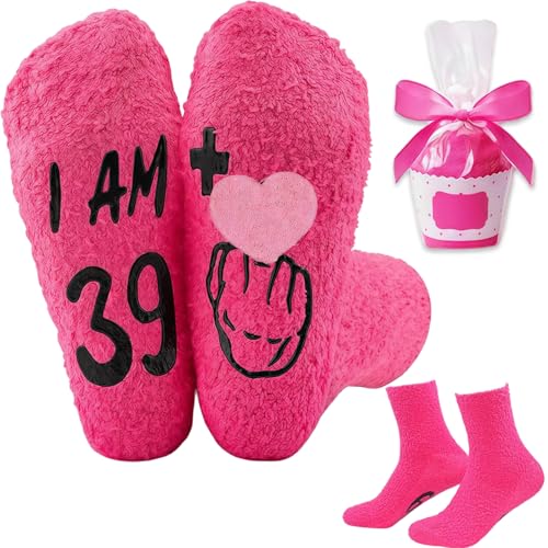 ClcIosis 2PCS Socken 40 Geburtstag Frau 40 Geburtstag Frauen Lustige Geschenke für FraueN Lustige Geschenkideen für Frauen(1 Paar Rosa Alters-Socken 1 Cupcake-Verpackungstasche) von ClcIosis