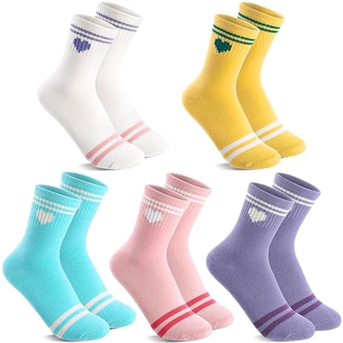 ClcIosis 5 Paar 36-42 Atmung Herzform Tennissocken Bunt,Männer Und Frauen Tennissocken Kinder,Flexibilität Socken Mädchen, Sportsocken Kinder Geeignet für Tennis Sport(Violett Weiß Gelb Blau Rosa) von ClcIosis