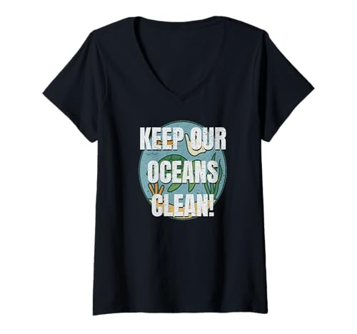 Damen Halten Sie unsere Ozeane sauber Schildkröte Plastiktüte T-Shirt mit V-Ausschnitt Damen Halten Sie unsere Ozeane sauber Schildkröte Plastiktüte T-Shirt mit V-Ausschnitt von Clean Ocean Design Co.