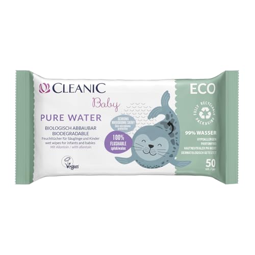 Cleanic Baby Eco Pure Water Feuchttücher – (1x50 Stück) Feuchttücher für Kinder und Säuglinge – parfümfrei, spülbar, empfindliche Haut – 50 Stück von Cleanic