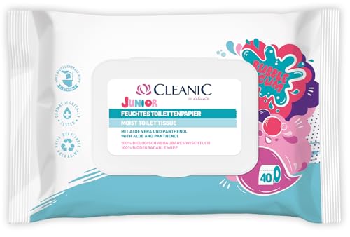 Cleanic Junior Feuchtes Toilettenpapier – (1x40 Stück) Feuchtes Toilettenpapier für Kinder – Kaugummiduft, Aloe Vera, Panthenol, spülbar – 40 Stück von Cleanic