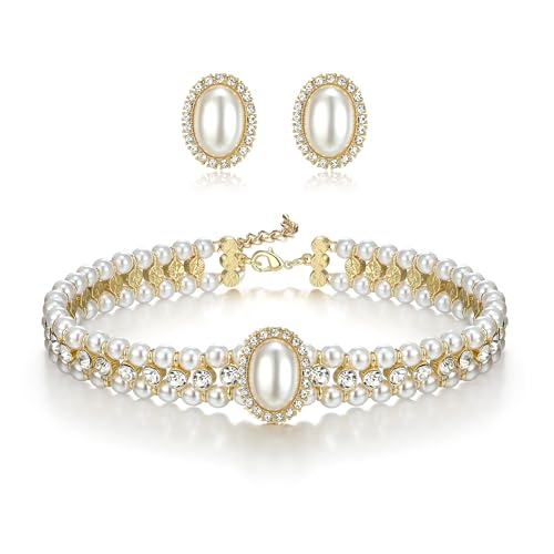 Clearine 1920er Jahre Modeschmuck-Set für Damen, Vintage mehrlagige Halskette mit simulierten Perlen und Kristallen, Ohrstecker-Set für Cosplay-Partys, Accessoires von Clearine