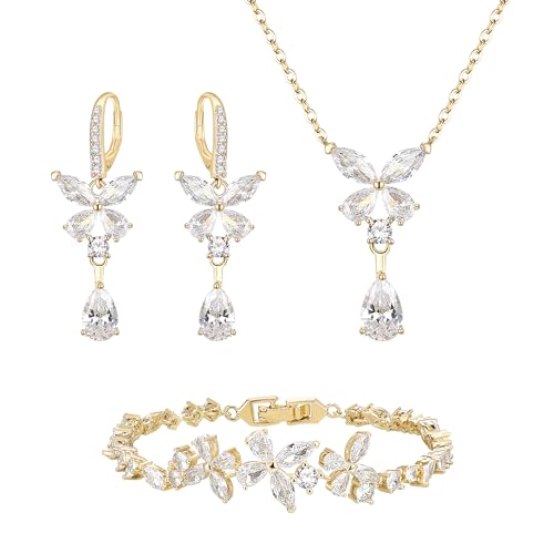 Clearine Damen Armband Halskette und Ohrringe Cubic Zirkonia Braut Schmetterling Teardrop Marquise Cluster 3 Stk Schmuck Set für Hochzeit Party Prom Klar Gold Tone von Clearine