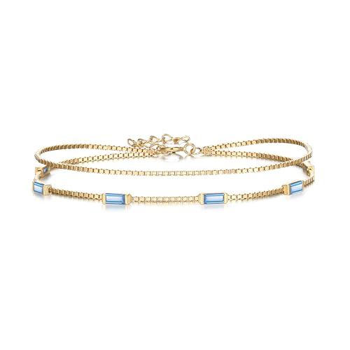 Clearine 925 Sterling Silber Dainty Smaragd Schliff Eis-Blau Zirkonia Layer Kette Armband, vergoldet Geburtsstein Armbänder für Damen Müttertag Valentinstag Schmuck Geschenk von Clearine