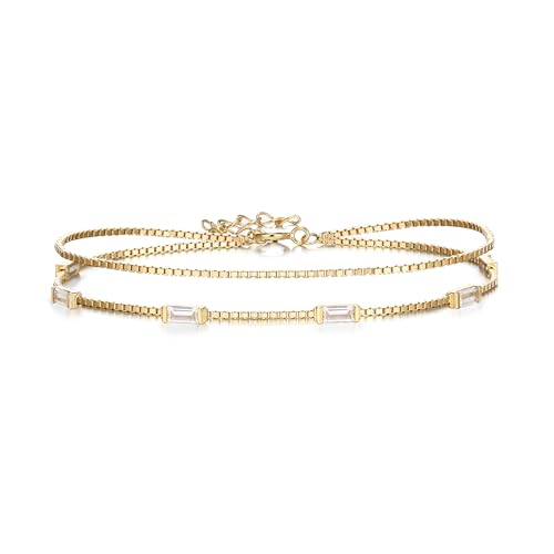 Clearine 925 Sterling Silber Dainty Smaragd Schliff Klar Zirkonia Gold-Ton Layer Kette Armband, vergoldet Geburtsstein Armbänder für Damen Müttertag Valentinstag Schmuck Geschenk von Clearine