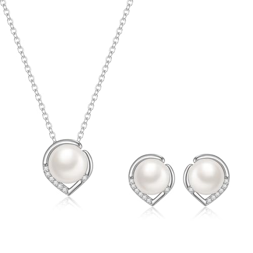 Clearine 925 Sterling Silber Elfenbein Süßwasser Zuchtperlen Zirkonia Herz Anhänger Halskette Ohrstecker Schmuck Set für Damen Muttertag/Geburtstag/Valentinstag/Weihnachten von Clearine