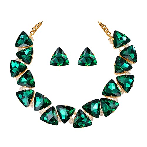 Clearine Art Deco Sparkly Statement Halskette Ohrringe Set Dreieck Schmuckset für Damen, Emerald Color Gold-Tone von Clearine