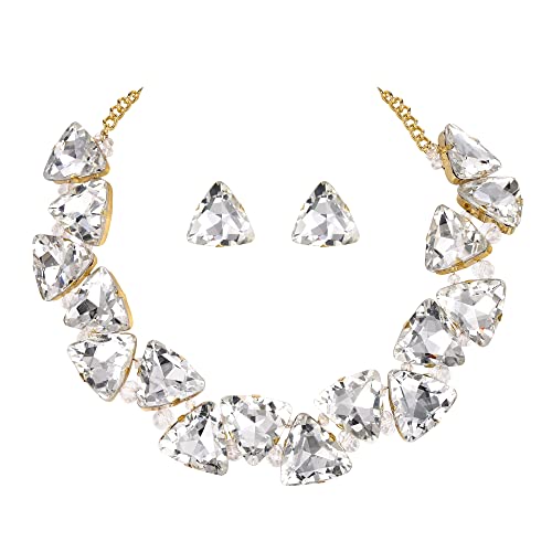 Clearine Art Deco Sparkly Statement Halskette Ohrringe Set Dreieck Schmuckset für Damen, Klar Gold-Ton von Clearine
