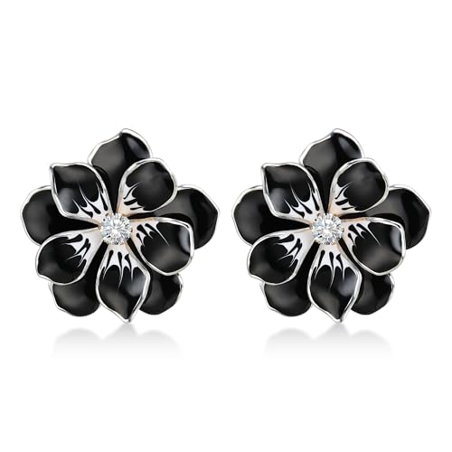Clearine Atemberaubende, wunderschöne Strass-Ohrstecker mit runden Steinen, Emailleblumen und Blättern für Damen Sommerstrandschmuck Schwarz Silberfarben von Clearine