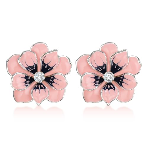Clearine Beeindruckende, wunderschöne Strass-Ohrstecker mit runden Steinen, Emailleblumen und Blättern für Damen, Sommerstrandschmuck, rosa, silberfarben von Clearine