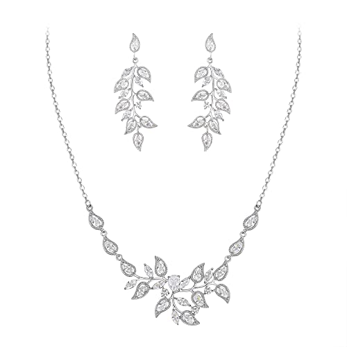 Clearine Blatt Cluster Schmuckset Brautschmuck Set Zirkonia Anhänger Halskette und Tropfen Ohrringe Set für Hochzeit Party Klar Silber-Ton von Clearine