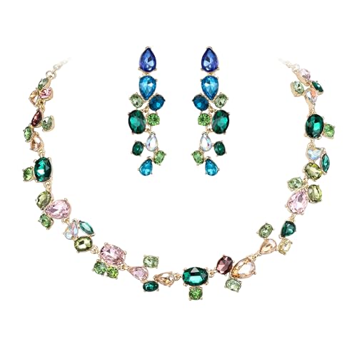 Clearine Bling Strass Oval Teardrop Cluster Statement Halskette baumeln Ohrringe Schmuck-Set für Damen Mädchen Kostüm Party Prom Buntes Gold-Ton von Clearine