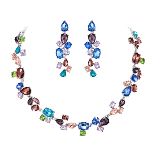 Clearine Bling Strass Oval Teardrop Cluster Statement Halskette baumeln Ohrringe Schmuck-Set für Damen Mädchen Kostüm Party Prom Buntes Silber-Ton von Clearine