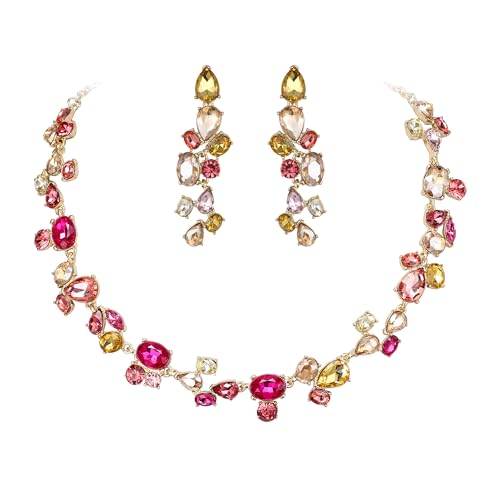 Clearine Bling Strass Oval Teardrop Cluster Statement Halskette baumeln Ohrringe Schmuck-Set für Damen Mädchen Kostüm Party Prom Fuchsia/Champagne Gold-Tone von Clearine