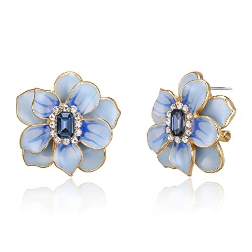 Clearine Blume Blatt Ohrstecker Strass Smaragd Schnitt Emaille Ohrringe für Mädchen Damen Blau Gold-Tone von Clearine