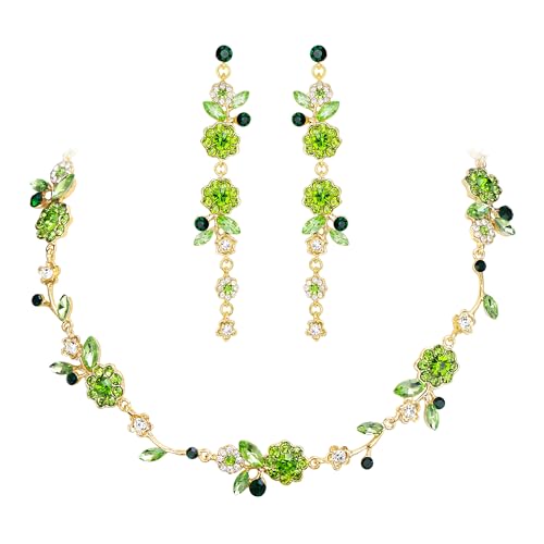 Clearine Blume Schmuck Set für Damen wunderschöne beeindruckende Kristall elegante Marquise Cluster Halskette lange baumeln Tropfen Ohrringe Partei Prom Grün Gold Tone von Clearine