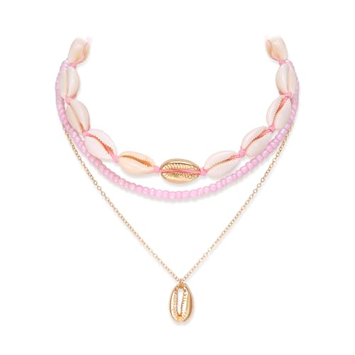 Clearine Bohemian Boho Handmade Simulated Pearls Natural Sea Shell Layered Collar Halskette für Damen Sommer-Strand-Schmuck-Accessoires Pink Gold-Tone von Clearine