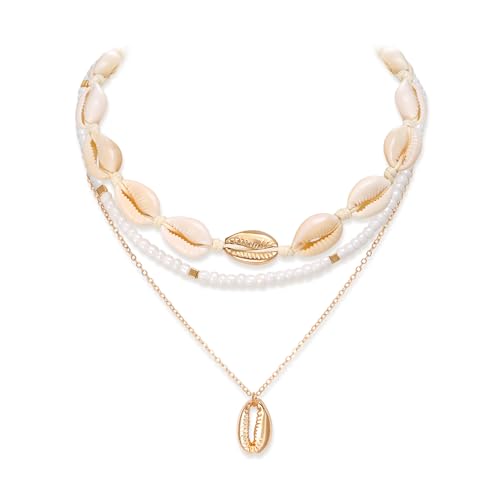 Clearine Bohemian Boho Handmade Simulated Pearls Natural Sea Shell Layered Collar Halskette für Damen Sommer Strand Schmuck Zubehör Clear Gold-Tone von Clearine