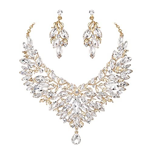 Clearine Braut Schmuck-Set Marquise-Kristall-Strass-Cluster-Statement-Halskette und baumelnden Ohrringe Set für Damen Hochzeit Party Bunt Gold-Ton von Clearine