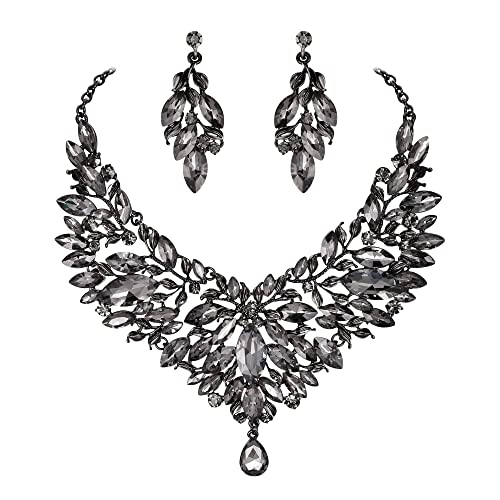 Clearine Braut Schmuck-Set Marquise-Kristall-Strass-Cluster-Statement-Halskette und baumelnden Ohrringe Set für Damen Hochzeit Party Grau Schwarz-Ton von Clearine
