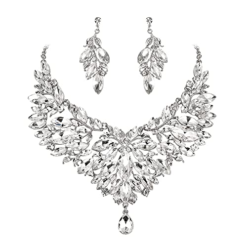 Clearine Braut Schmuck-Set Marquise-Kristall-Strass-Cluster-Statement-Halskette und baumelnden Ohrringe set für Damen Hochzeit Party Klar Silber-Ton von Clearine