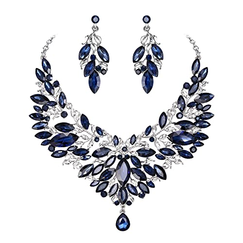 Clearine Braut Schmuck-Set Marquise-Kristall-Strass-Cluster-Statement-Halskette und baumelnden Ohrringe set für Damen Hochzeit Party Saphir-blau Silber-Ton von Clearine