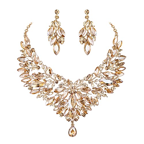 Clearine Braut Schmuck-Set Marquise-Kristall-Strass-Cluster-Statement-Halskette und baumelnden Ohrringe set für Damen Hochzeit Party Champagner-Gold-Ton von Clearine