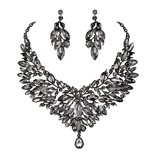 Clearine Braut Schmuck-Set Marquise-Kristall-Strass-Cluster-Statement-Halskette und baumelnden Ohrringe set für Damen Hochzeit Party Grau Schwarz-Ton von Clearine