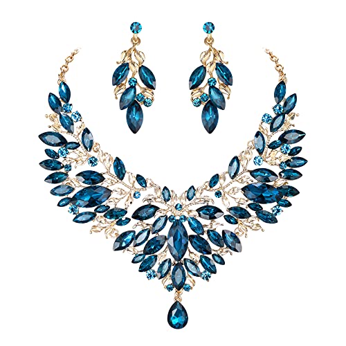 Clearine Braut Schmuck-Set Marquise-Kristall-Strass-Cluster-Statement-Halskette und baumelnden Ohrringe Set für Damen Hochzeit Party Topas-Blau Gold-Ton von Clearine