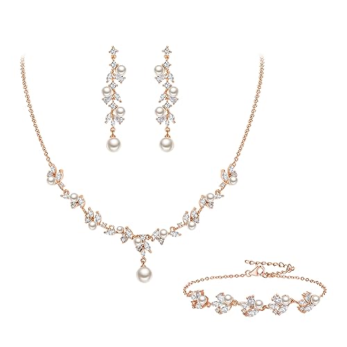 Clearine Braut Schmuck Set mit Perlen elfenbeinfarben künstliche Perle Marquise Zirkonia Cluster Anhänger Halskette,Ohrhänger und Armband Set Rosegold-Ton von Clearine