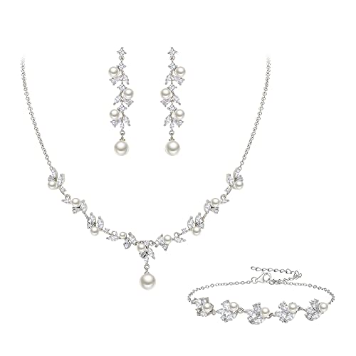 Clearine Braut Schmuck Set mit Perlen elfenbeinfarben künstliche Perle Marquise Zirkonia Cluster Anhänger Halskette,Ohrhänger und Armband Set von Clearine