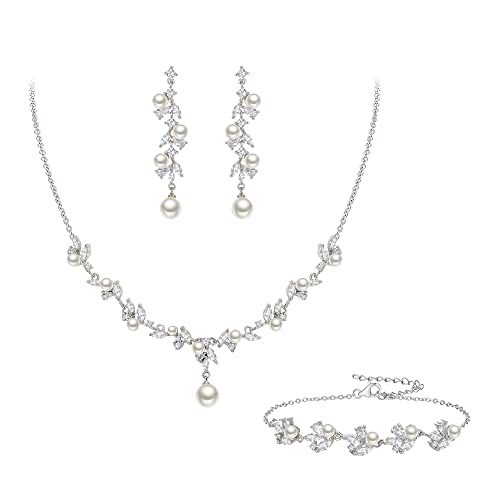 Clearine Braut Schmuck Set elfenbeinfarben künstliche Perle Marquise Zirkonia Cluster Anhänger Halskette Ohrhänger und Armband von Clearine