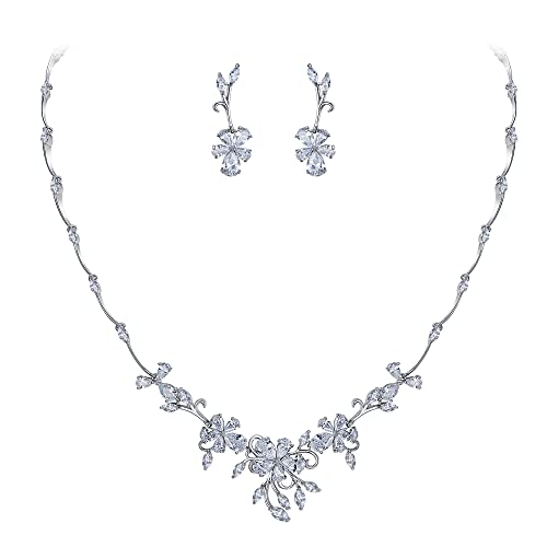 Clearine Braut Schmuck Sets für Damen Marquise-Form Tropfen Zirkonia Blume Blatt Cluster Ranken-Halskette uns Ohrhänger für Hochzeit Bankett Klarer Silber-Ton von Clearine