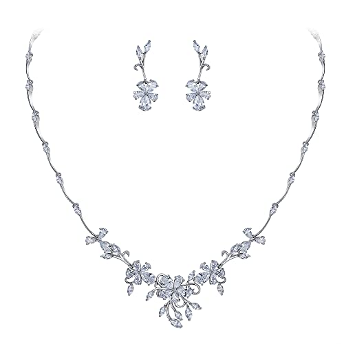 Clearine Braut Schmuck Sets für Damen Marquise-Form Tropfen Zirkonia Blume Blatt Cluster Ranken-Halskette Uns Ohrhänger für Hochzeit Bankett Klarer Silber-Ton von Clearine
