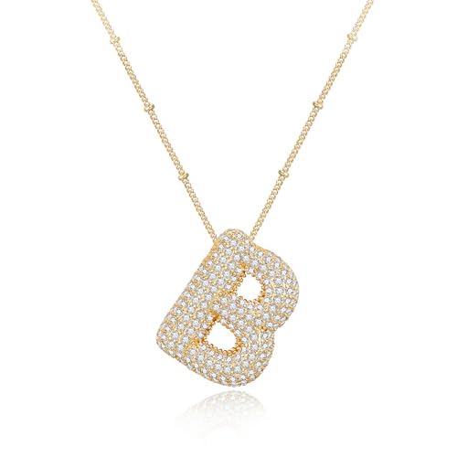 Clearine Bubble Brief Gold Luftballon Initial Halsketten Buchstabe B Anhänger Halskette für Damen Cubic Zirkonia Schmuck Geschenk für Geburtstag Weihnachten von Clearine