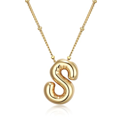 Clearine Bubble Letter Halskette Gold Luftballon Initial Halsketten Buchstabe S Anhänger für Damen Schmuck Geschenk für Geburtstag Weihnachten von Clearine