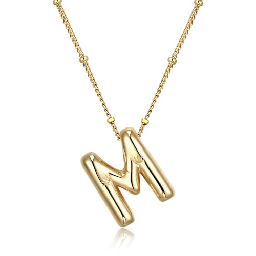 Clearine Bubble Letter Halskette Gold Luftballon Initial Halsketten Buchstabe M Anhänger für Damen Schmuck Geschenk für Geburtstag Weihnachten von Clearine