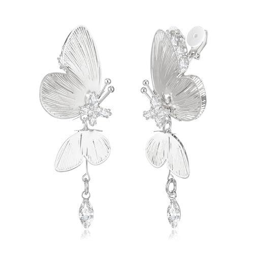 Clearine Clip On Elegant Glänzend Cubic Zirkonia Schmetterling Ohrringe für Hochzeit Partei Prom Täglich Tragen Trendy Schmuck Silber-Ton von Clearine