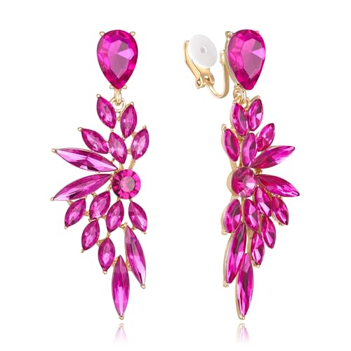 Clearine Clip-on Ohrringe für Damen, Wunderschöne glänzende Strasssteine Marquise Cluster Blatt Tropfen Ohrring für Hochzeit Partei Prom Schmuck Heißes Rosa Gold-Ton von Clearine