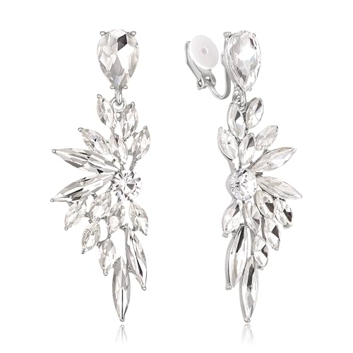 Clearine Clip-on Ohrringe für Damen, Wunderschöne glänzende Strasssteine Marquise Cluster Blatt Tropfen Ohrring für Hochzeit Partei Prom Schmuck Klar Silber-Ton von Clearine