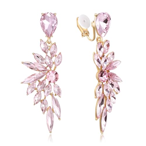 Clearine Clip-on Ohrringe für Damen, Wunderschöne glänzende Strasssteine Marquise Cluster Blatt Tropfen Ohrring für Hochzeit Partei Prom Schmuck Rosa Gold-Ton von Clearine