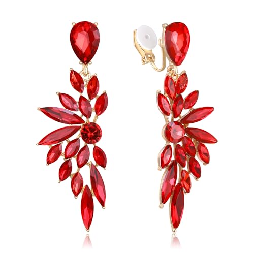 Clearine Clip-on Ohrringe für Damen, Wunderschöne glänzende Strasssteine Marquise Cluster Blatt Tropfen Ohrring für Hochzeit Partei Prom Schmuck Rot Gold-Ton von Clearine