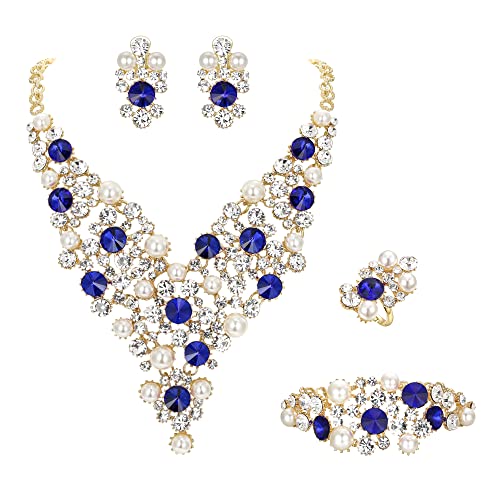Clearine Cluster Statement Schmuckset Hochzeit Braut simulierte Perle Kristall Strass Halskette Kette Armband baumeln Ohrringe Ring Set für Damen Saphir Blau Gold Ton Clearine Cluster Statement Schmuckset Hochzeit Braut simulierte Perle Kristall Strass Halskette Kette Armband baumeln Ohrringe Ring Set für Damen Saphir Blau Gold Ton von Clearine