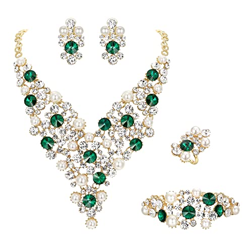 Clearine Cluster Statement Schmuckset Hochzeit Braut simulierte Perle Kristall Strass Halskette Kette Armband baumeln Ohrringe Ring Set für Damen Smaragd Grün Gold Ton von Clearine