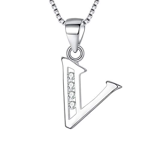 Clearine Halskette 925 Sterling Silber mit CZ 26 Buchstabe Alphabet Initial Personalisiert A biz Z Anhänger Kette für Damen Mädchen 44,5cm "V" von Clearine