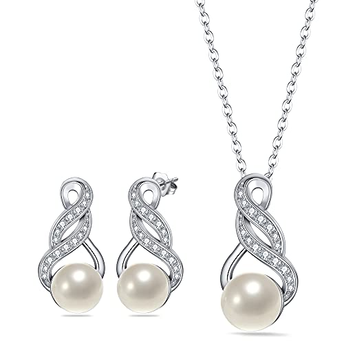 Clearine Damen 925 Sterling Silber Delicate Elegant CZ Cream Süßwasser-Zuchtperle Spiral Unendlichkeit Pendant Halskette Hook Ohrringe Schmuck Set (B-Perle) von Clearine