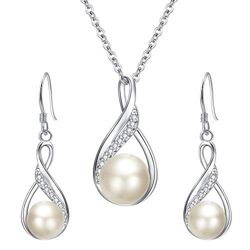 Clearine Damen 925 Sterling Silber Delicate Elegant CZ Cream Süßwasser-Zuchtperle Spiral Unendlichkeit Pendant Halskette Hook Ohrringe Schmuck Set (A-Perle) von Clearine