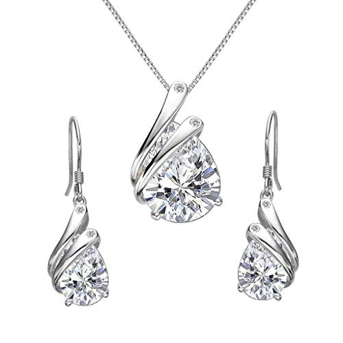 Clearine Damen Schmuckset 925 Sterling Silber Hochzeit Braut Zirkonia Teardrop Engel Flügel Feder Anhänger Halskette Haken Ohrringe Set von Clearine